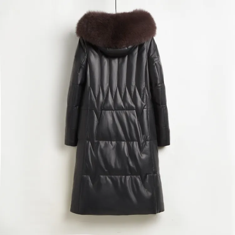 法歌弟FA2521海宁真皮大码羽绒服加大狐狸毛领真皮外套长款妈妈装
