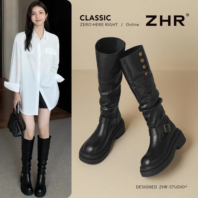 黑色长筒靴女2025秋冬爆款长靴厚底靴子女显瘦骑士靴