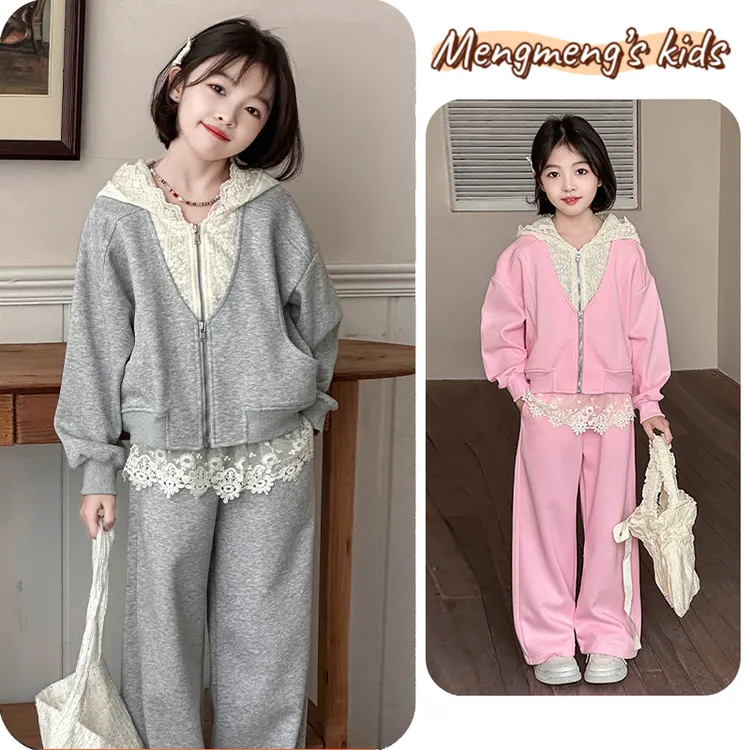 萌萌家女童假两件蕾丝帽卫衣套装中大童韩版时髦春2025新款两件套