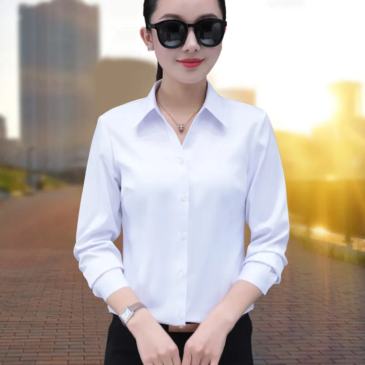 v领衬衫女长袖春秋新款气质工装正装工作服免烫面试白色职业衬衣