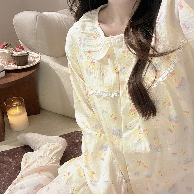 日系可爱甜美饼饼睡衣少女春秋季长袖甜妹宽松薄款学生家居服套装