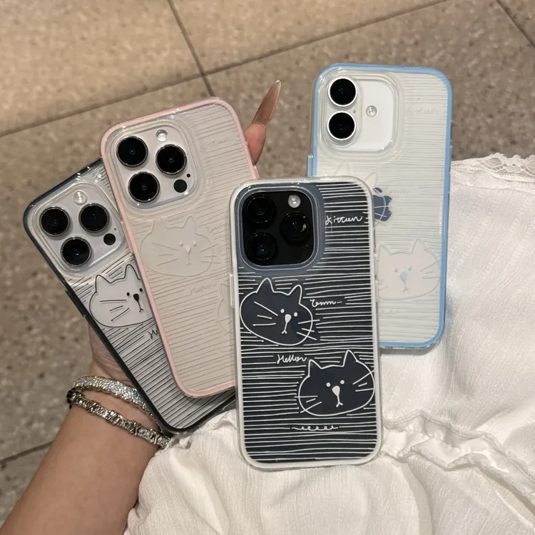 线条猫咪适用于苹果16手机壳iPhone15透明大孔二合一13软14