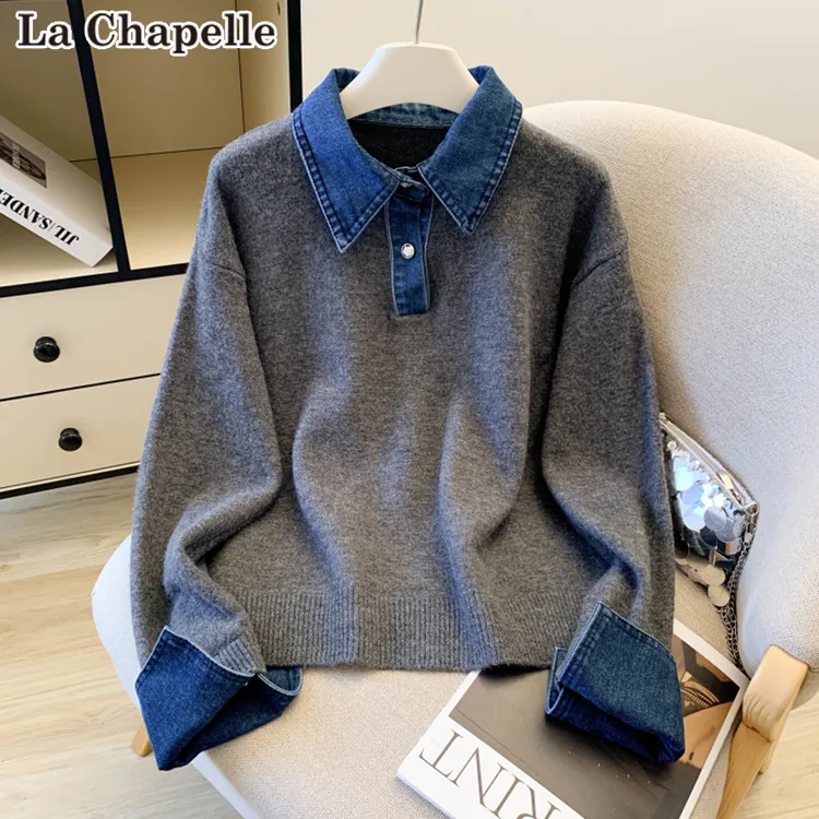 拉夏贝尔秋冬季假两件设计感小众牛仔polo领毛衣女针织衫宽松上衣