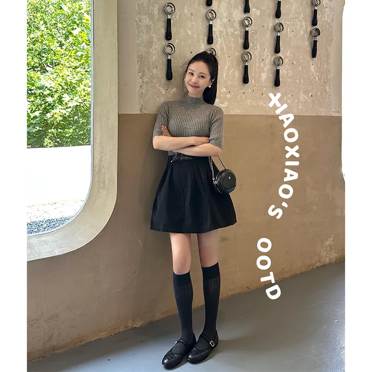 parkyeon灰色半高领半袖打底衫上衣女高腰显瘦百搭花苞短裙套装