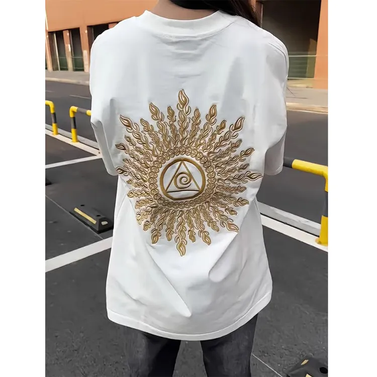 光明之眼万针刺绣短袖男款夏季痞帅高级感t恤重磅美式情侣半截袖