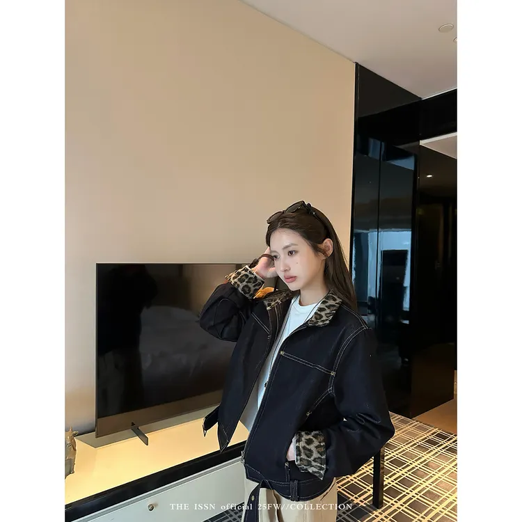 THEISSN宁司 撞色豹纹宽松薄绒牛仔外套女秋季百搭上衣 01521
