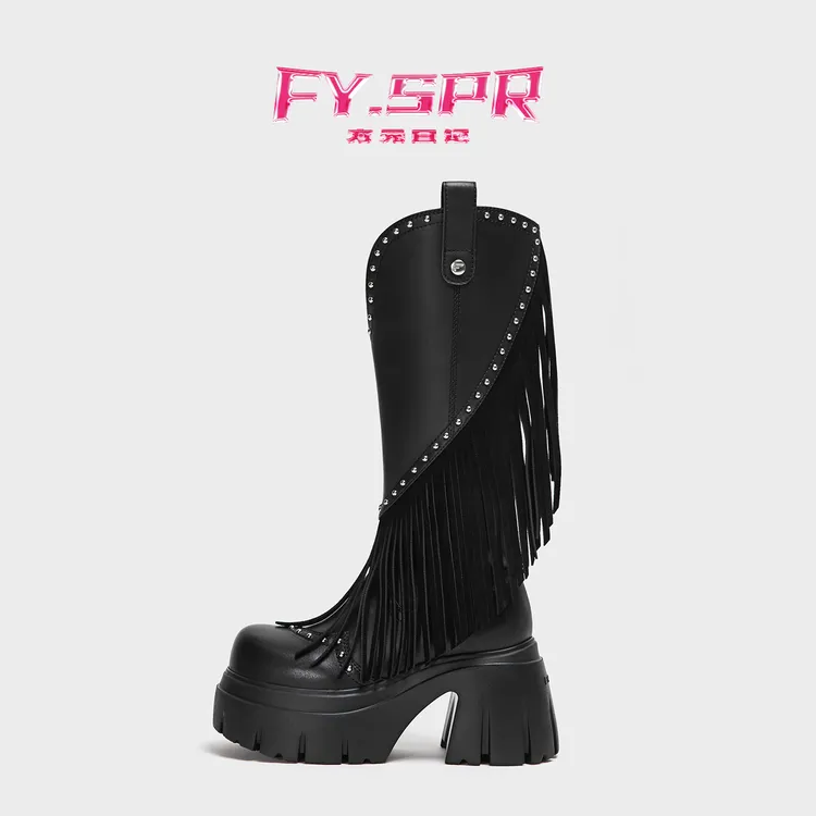 FYSPR/方元日记秋冬新款厚底增高流苏铆钉西部靴