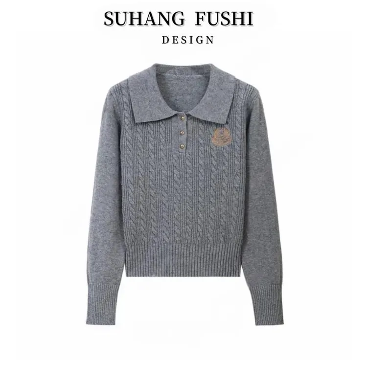 学院风麻花刺绣polo领毛衣女新款韩系套头显瘦针织打底毛衣女