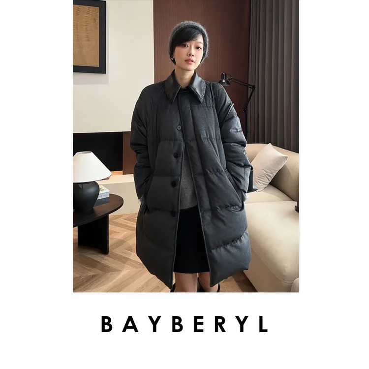 BAYBERYL老贝智行冽灰*翻领拼皮中长25秋冬羽绒服YRF5H1303-9/14