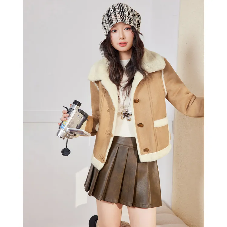 IEF/爱依服女装2025冬季新款韩版时尚百搭牛奶绒磨砂软蛋白皮外套