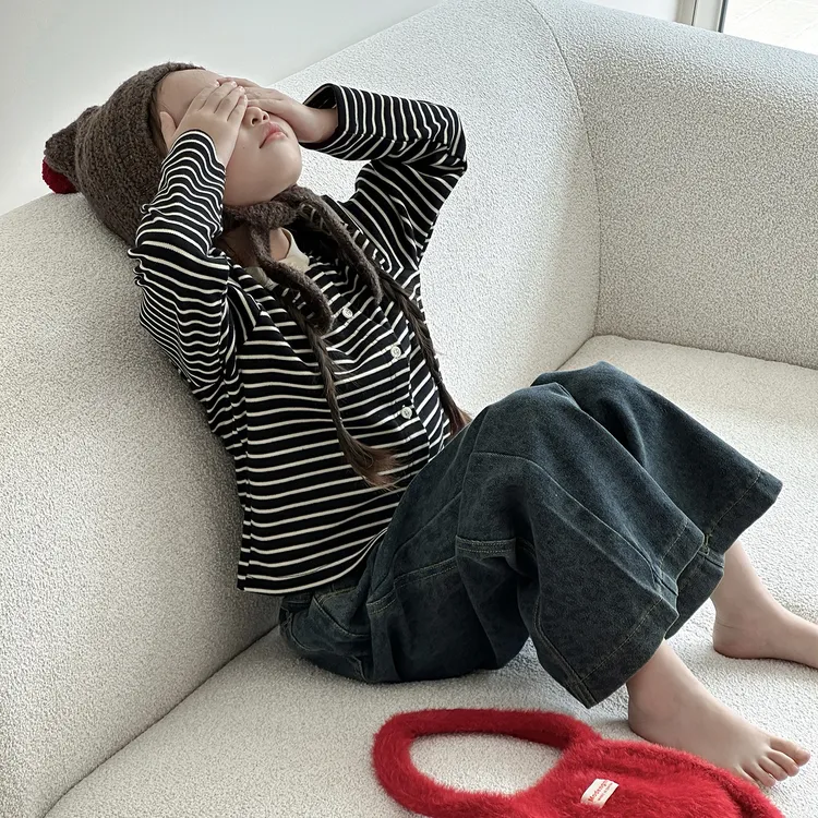 秋季女童阔腿裤套装2025新款女孩洋气条纹开衫儿童时髦豹纹牛仔裤