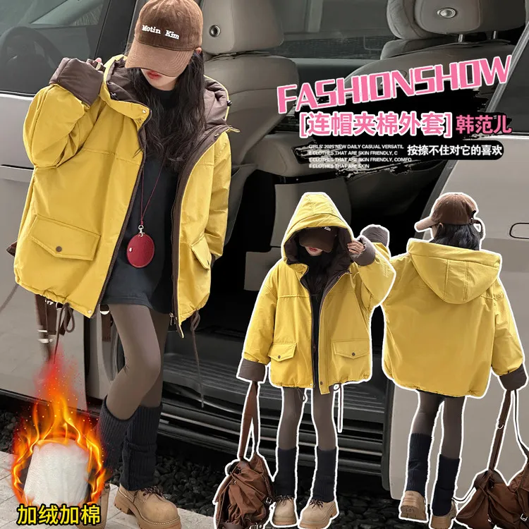 女童加绒派克服冬季新款中大童加厚连帽棉衣儿童冬装韩版保暖外套