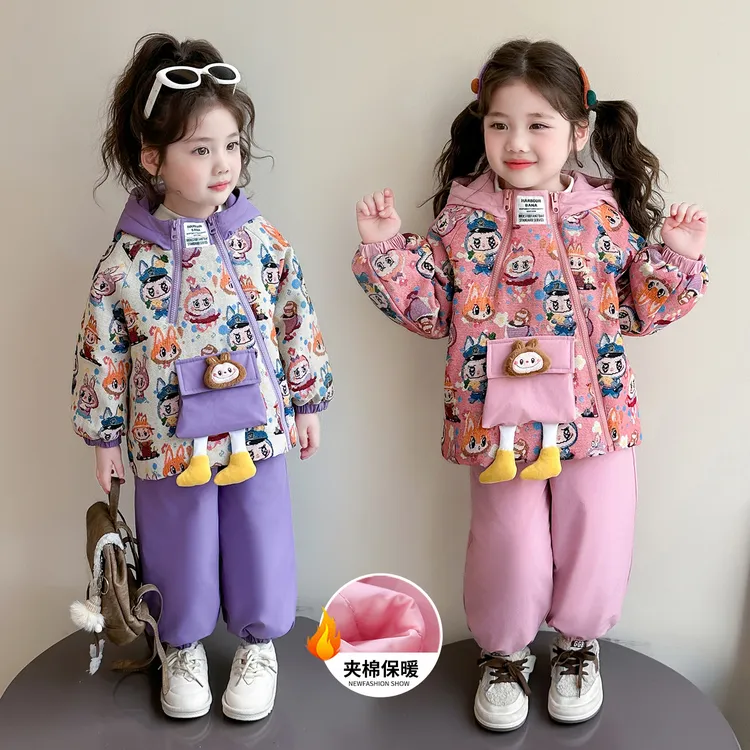 女童夹棉加厚冲锋衣套装儿童秋冬装新款女宝宝棉衣棉裤休闲两件套