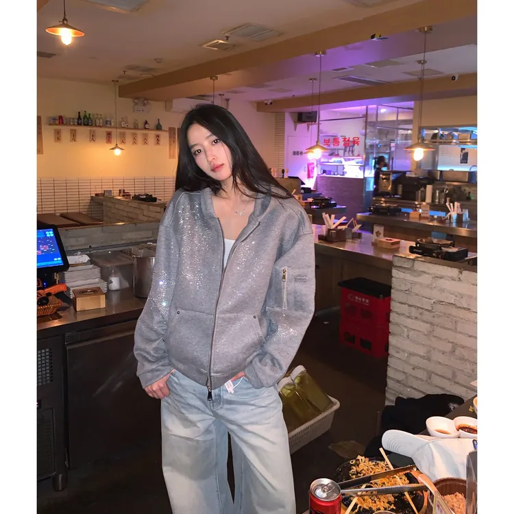 孙恩盛【星光烫钻】秋冬满天星镶钻宽松男女款连帽拉链开衫卫衣外套