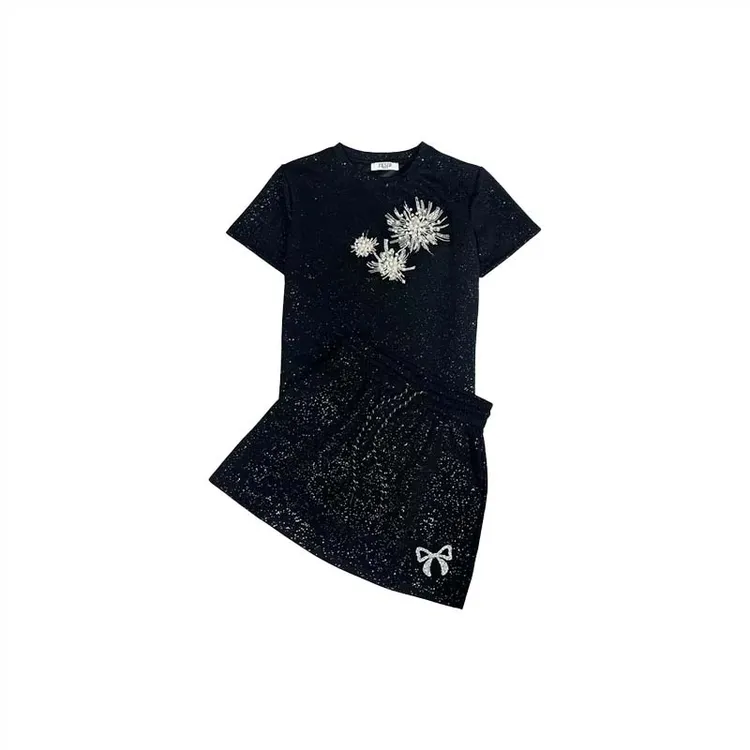 【两件套】设计短袖套装女2025夏季新款时尚休闲上衣裙子套装D2186