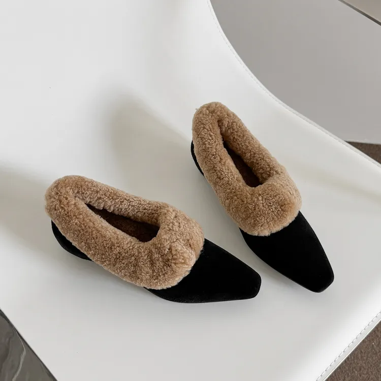 VICEN FIFI3cm法式气质毛毛单鞋女平底加绒豆豆鞋小众设计毛绒鞋