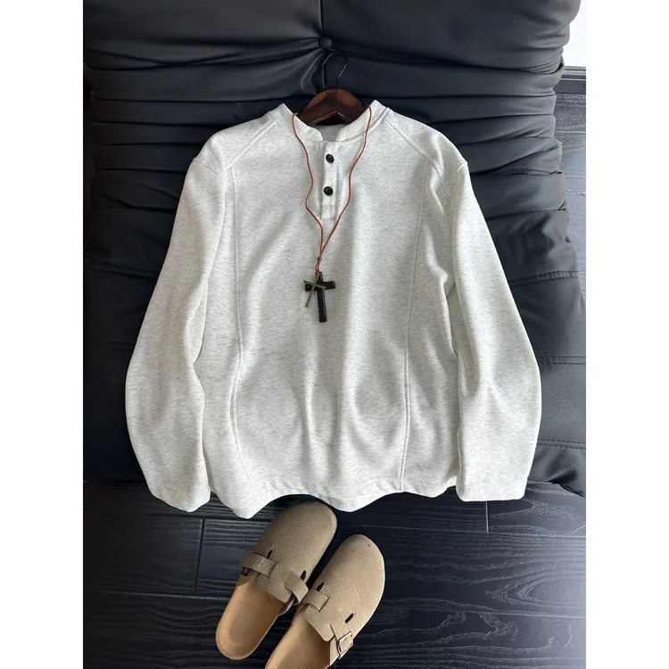 美式亨利领长袖t恤男秋冬加绒加厚正肩卫衣潮牌内搭设计感Polo衫