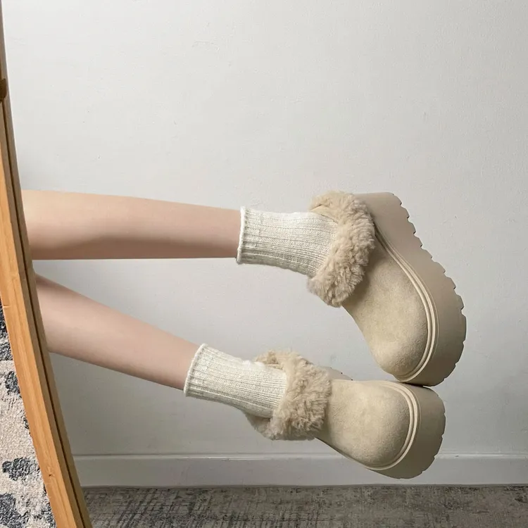 复古百搭一脚蹬增高厚底棉鞋女2025新款秋冬加绒保暖勃肯毛毛鞋