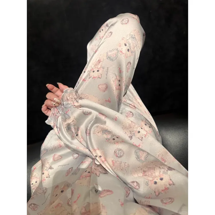 可爱蝴蝶结猫咪印花冰丝睡衣女2025夏季最新款长袖长裤两件家居服