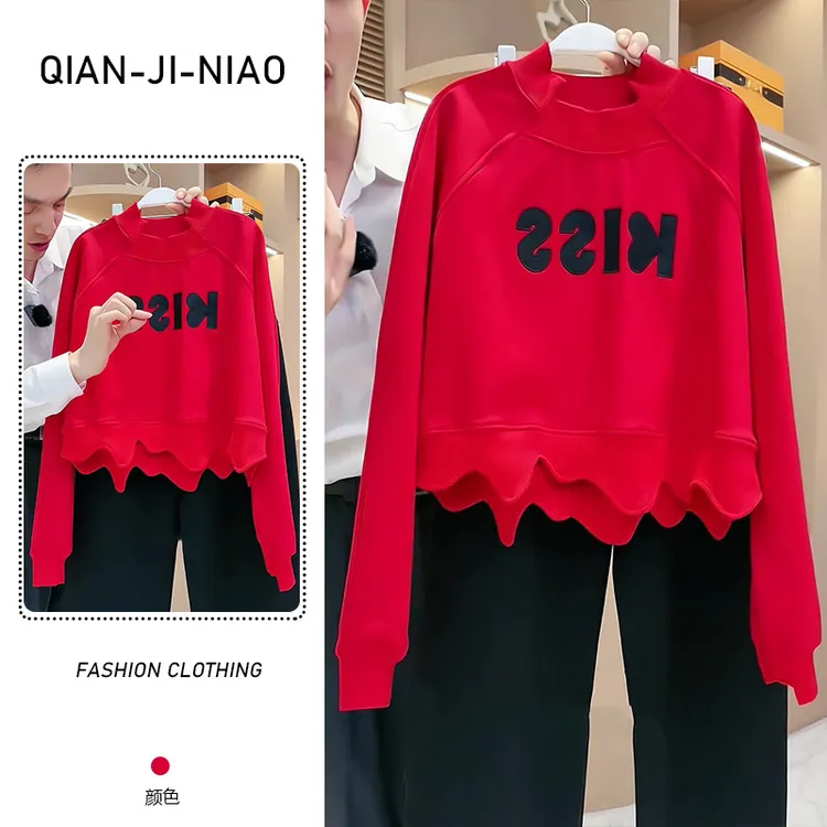 秋冬爆款时尚宽松遮肉圆领红色卫衣小衫拼接时尚设计感不对称卫衣