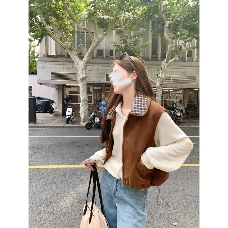 秋季新款外穿翻领马甲背心女高级感麂皮绒无袖外套宽松显瘦上衣潮