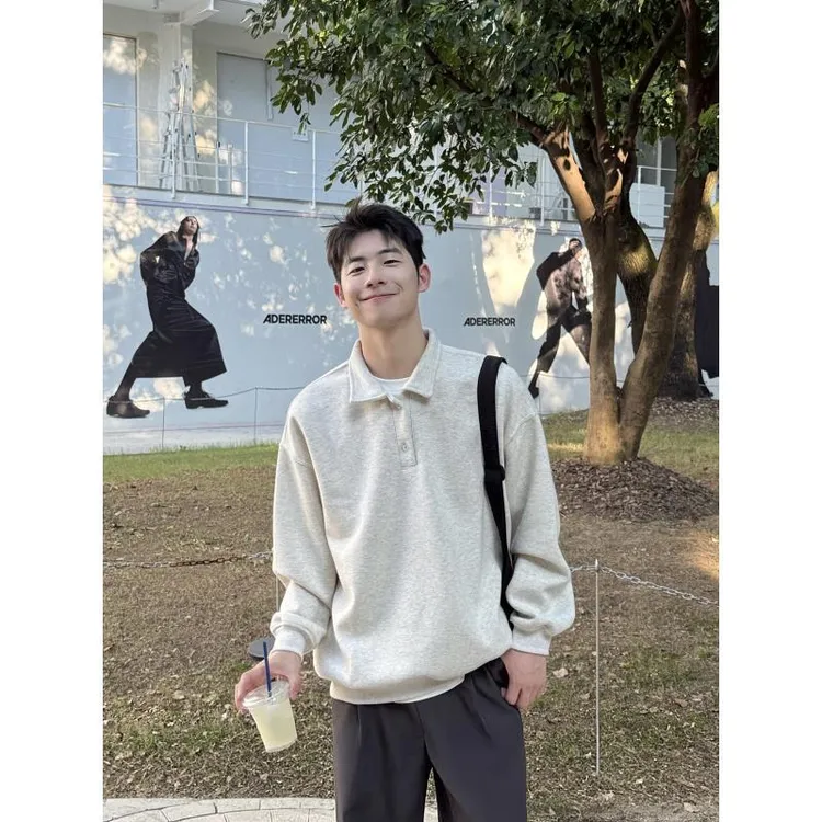 2025白花灰翻领卫衣男生新款秋冬宽松百搭POLO衫套头休闲长袖上衣