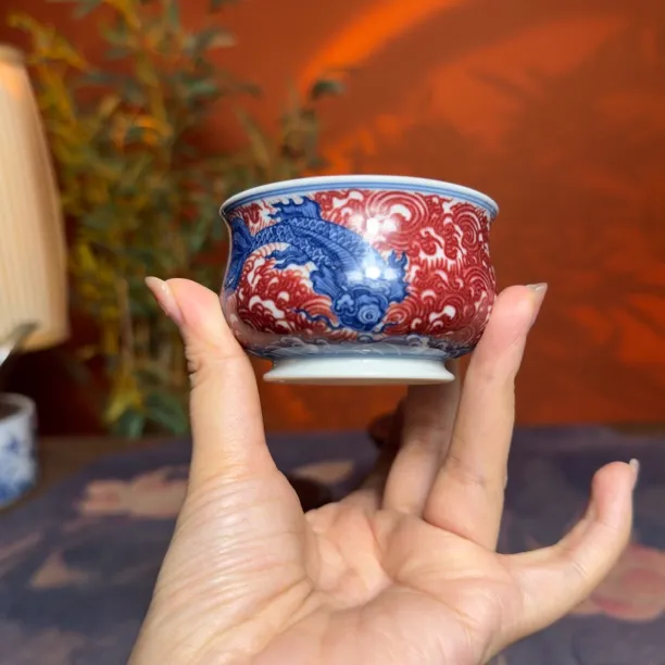 海水鲤鱼青花釉里红如是杯80cc