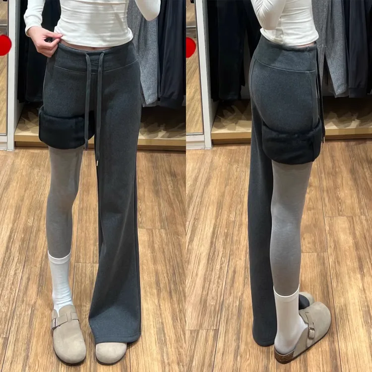 灰色加绒lulu卫裤女秋冬季高腰垂感休闲运动小个子直筒显瘦阔腿裤
