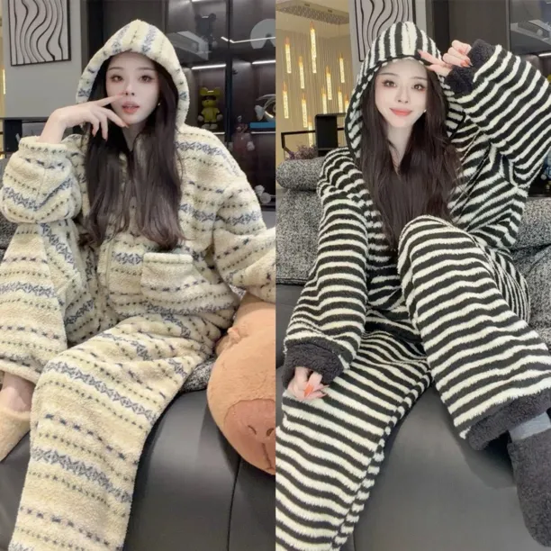 正品超好看连帽加厚保暖时尚套装女装2025冬季外穿家居服两件套