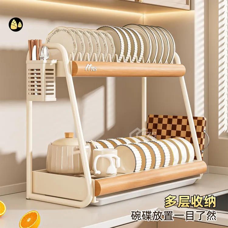 中古风厨房碗碟架收纳架沥水架榉木碗架放碗盘架碗筷收纳盒置物架
