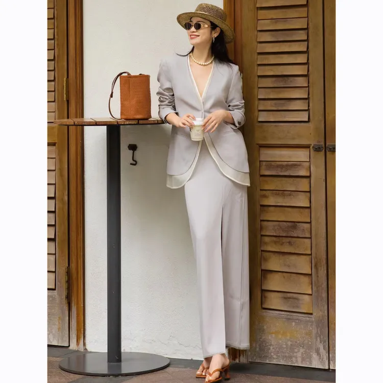 ZEROYK高级感时尚套装极简老钱风进口醋酸拼纱西装半裙气质两件套