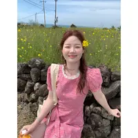 火火火【糖渍莓莓】夏季韩系复古格子泡泡袖印花连衣裙L33376HH52