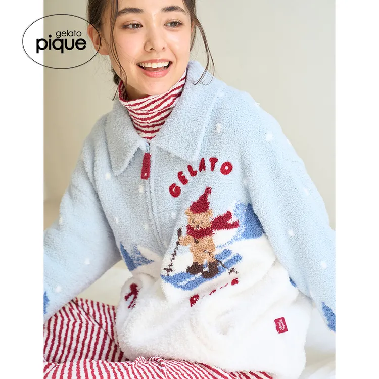 gelato pique25秋冬新品女睡衣半边绒滑雪小熊拉链开衫PWNT255123
