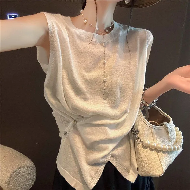 韩系无袖T恤2025春季新款通勤简约白色交叉背心收腰针织小众上衣