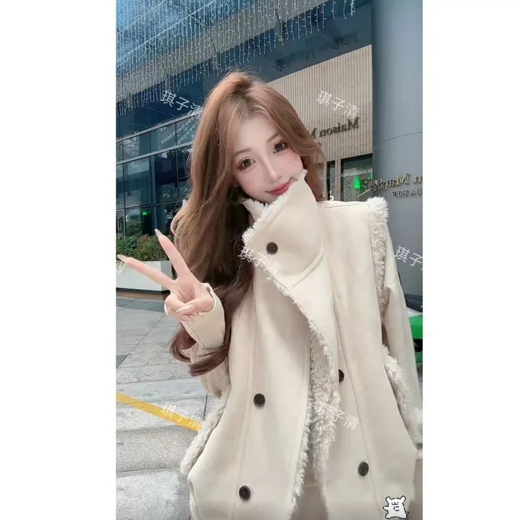 2025秋冬新款气质女时尚保暖翻领款环保羊羔毛毛外套加厚毛毛马甲