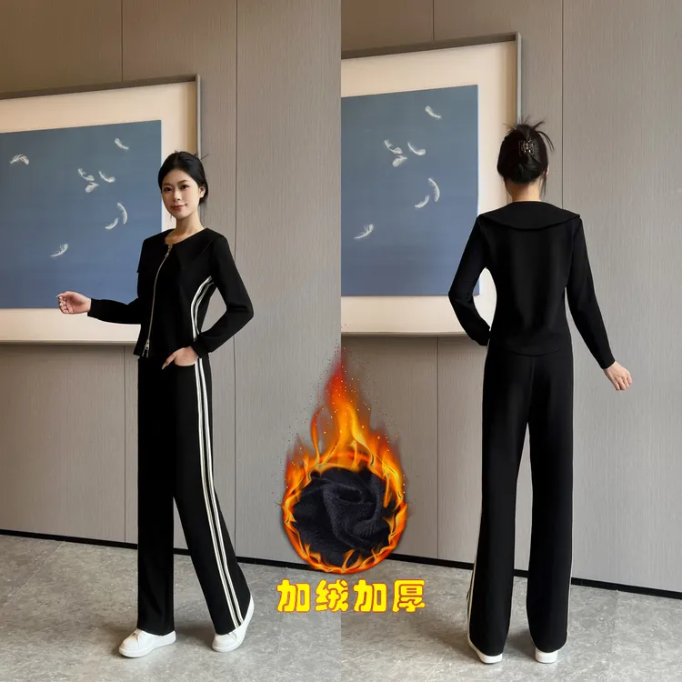 2025新款翻领长袖秋冬季女运动套装运动时尚冬款秋冬季大码