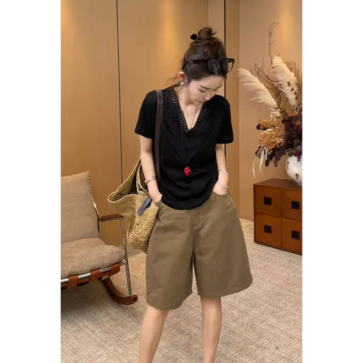玖了个玖 2025夏款 极简镂空V领短袖款设计感显瘦上衣 2506C3490