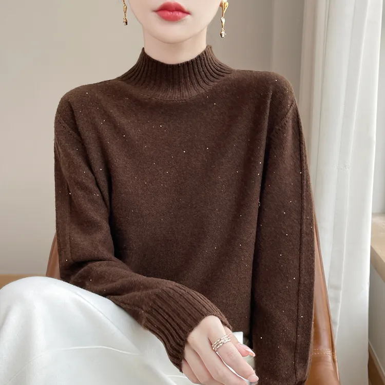 正品哥第纯色半高领羊毛衫女套头带细闪2025新款厚款保暖洋气毛衣
