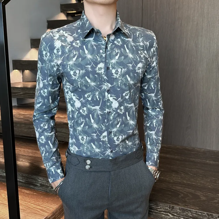 花纹长袖衬衫男士高级感潮牌痞帅秋季2025新款休闲商务印花衬衣男