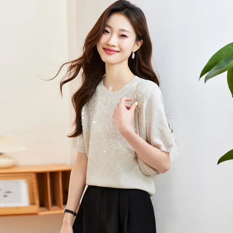 冰丝短袖t恤女2025新款夏季薄款高端正肩体恤亮片凉感针织衫上衣