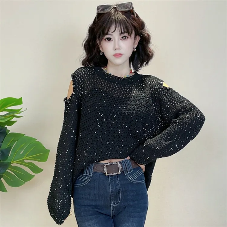 迪否秋季黑珠片针织套头衫2025新款挖肩圆领百搭上衣2253