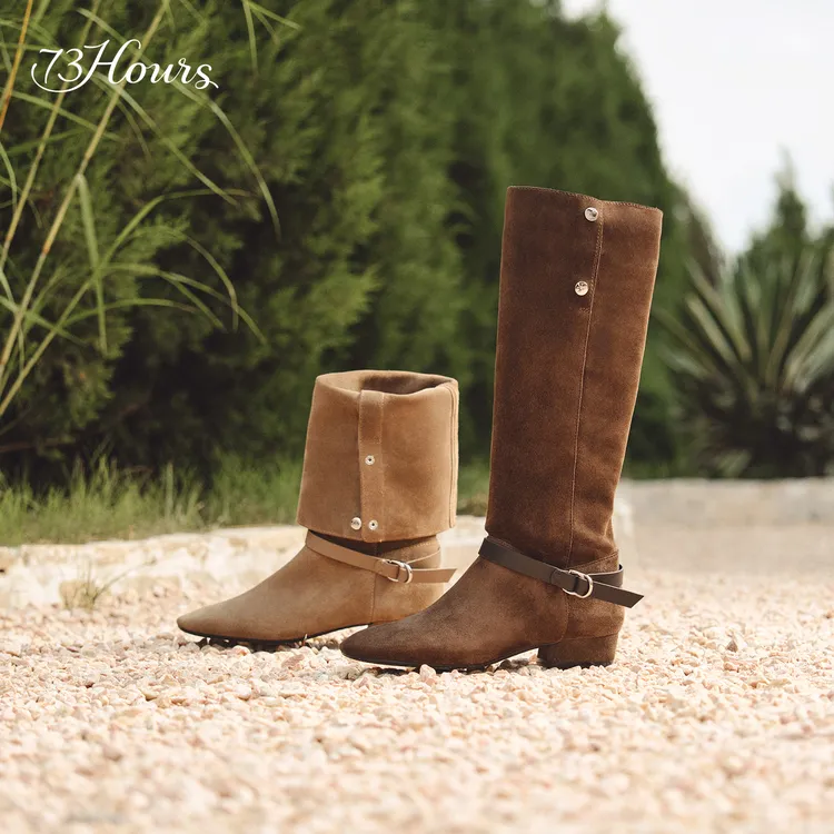 73hours女鞋沙漠音乐节2025冬季新品纯色饰扣圆头西部靴