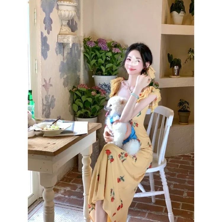 明媚美人~新款法式复古双层荷叶边碎花连衣裙长裙（自带胸垫）