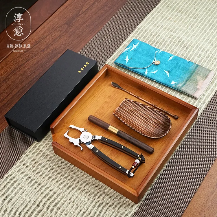 淳意新紫光檀不锈钢茶钳普洱茶砖撬茶神器开茶工具茶饼撬刀分茶盘