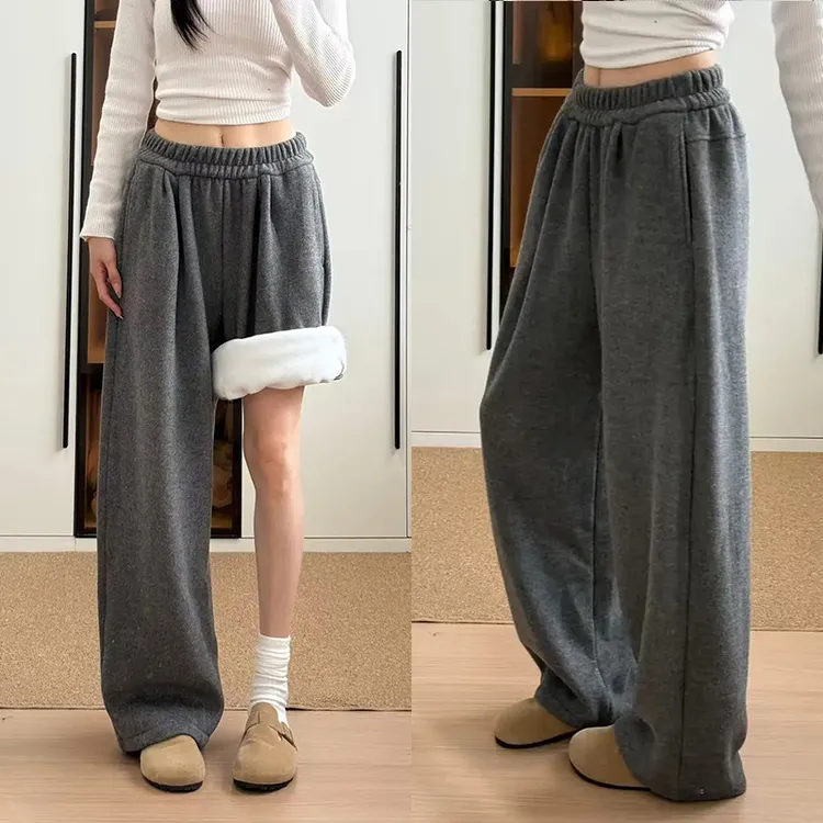 2025新款秋冬毛呢阔腿裤加绒加厚女款高腰宽松直筒休闲保暖糯米裤