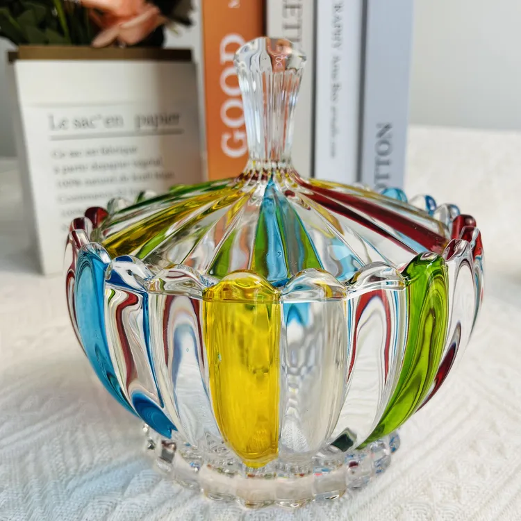 莲花水晶玻璃糖果罐储物罐装饰彩色糖果罐果盘带盖欧式糖缸