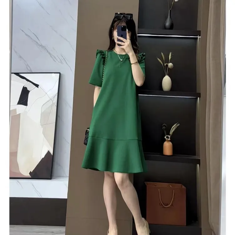 2023夏季新款木耳边拼接收腰显瘦时尚气质百搭中长款鱼尾连衣裙女