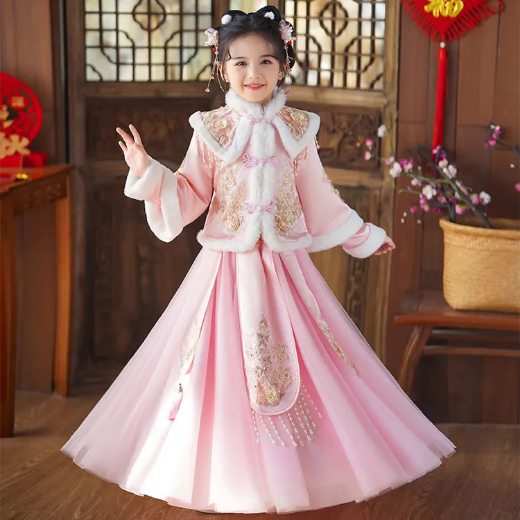 女童汉服冬季加绒拜年服2024新款儿童唐装裙小女孩过年服古装裙子