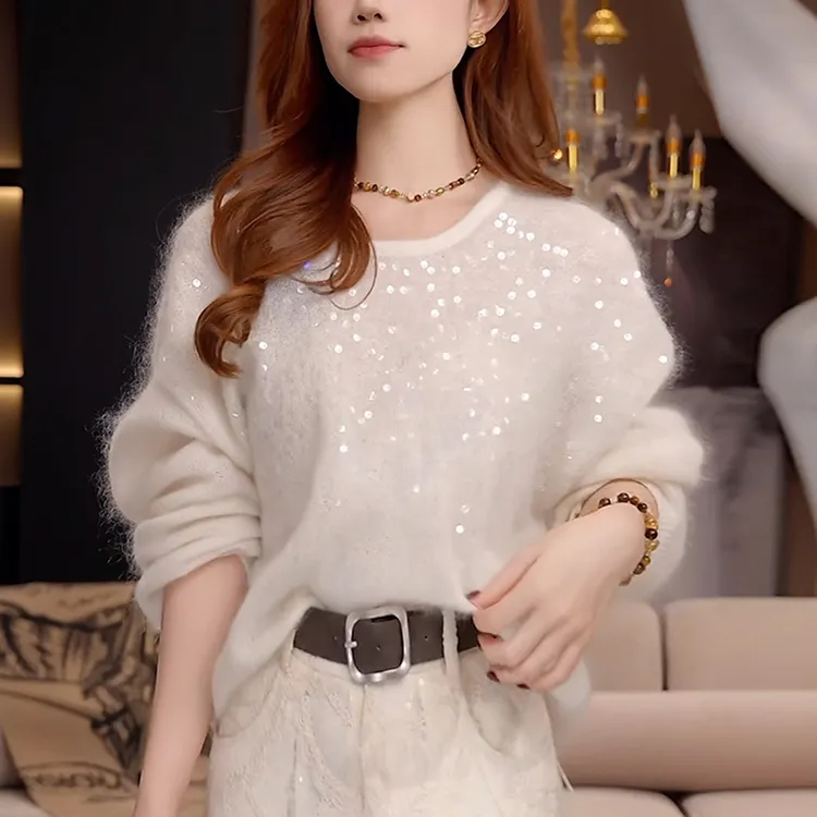 秋季女白色套头毛衣慵懒风软糯显瘦洋气重工亮片打底针织衫上衣