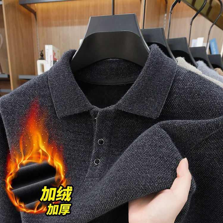 新款雪貂一体绒加绒加厚翻领带扣POLO衫长袖毛衣冬季男士针织保暖